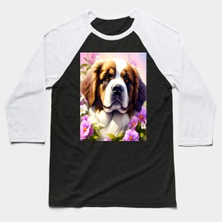 Saint Bernard Dog Surrounded by Beautiful Spring Flowers Baseball T-Shirt